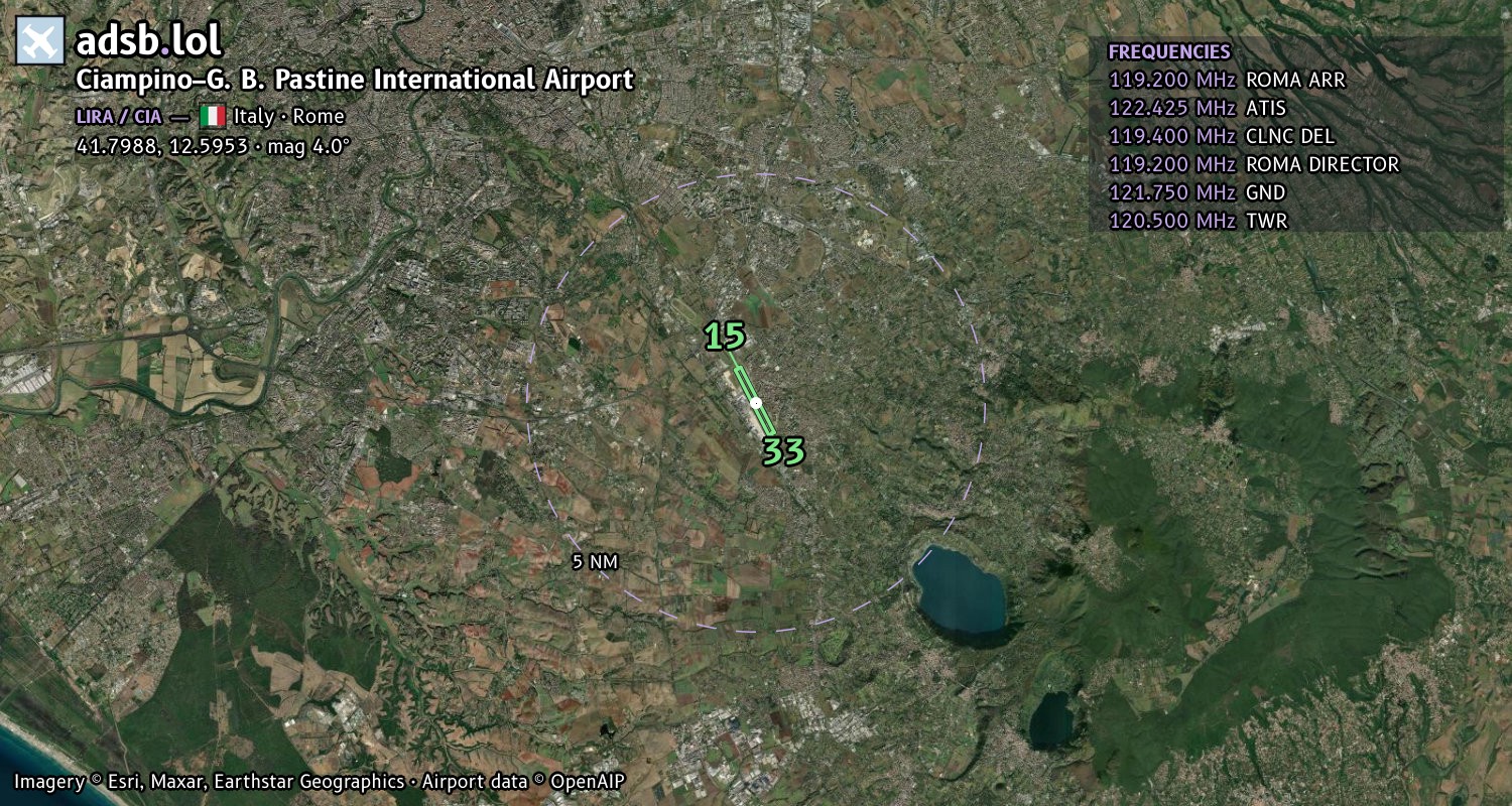 Satellite map with the runway layout of Ciampino–G. B. Pastine International Airport (LIRA)