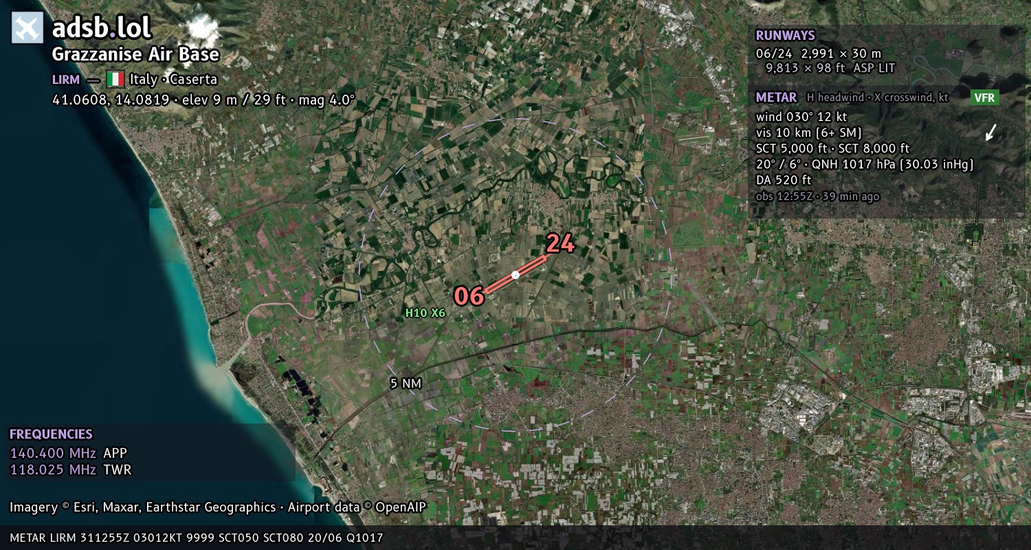 Satellite map with the runway layout of Grazzanise Air Base (LIRM)