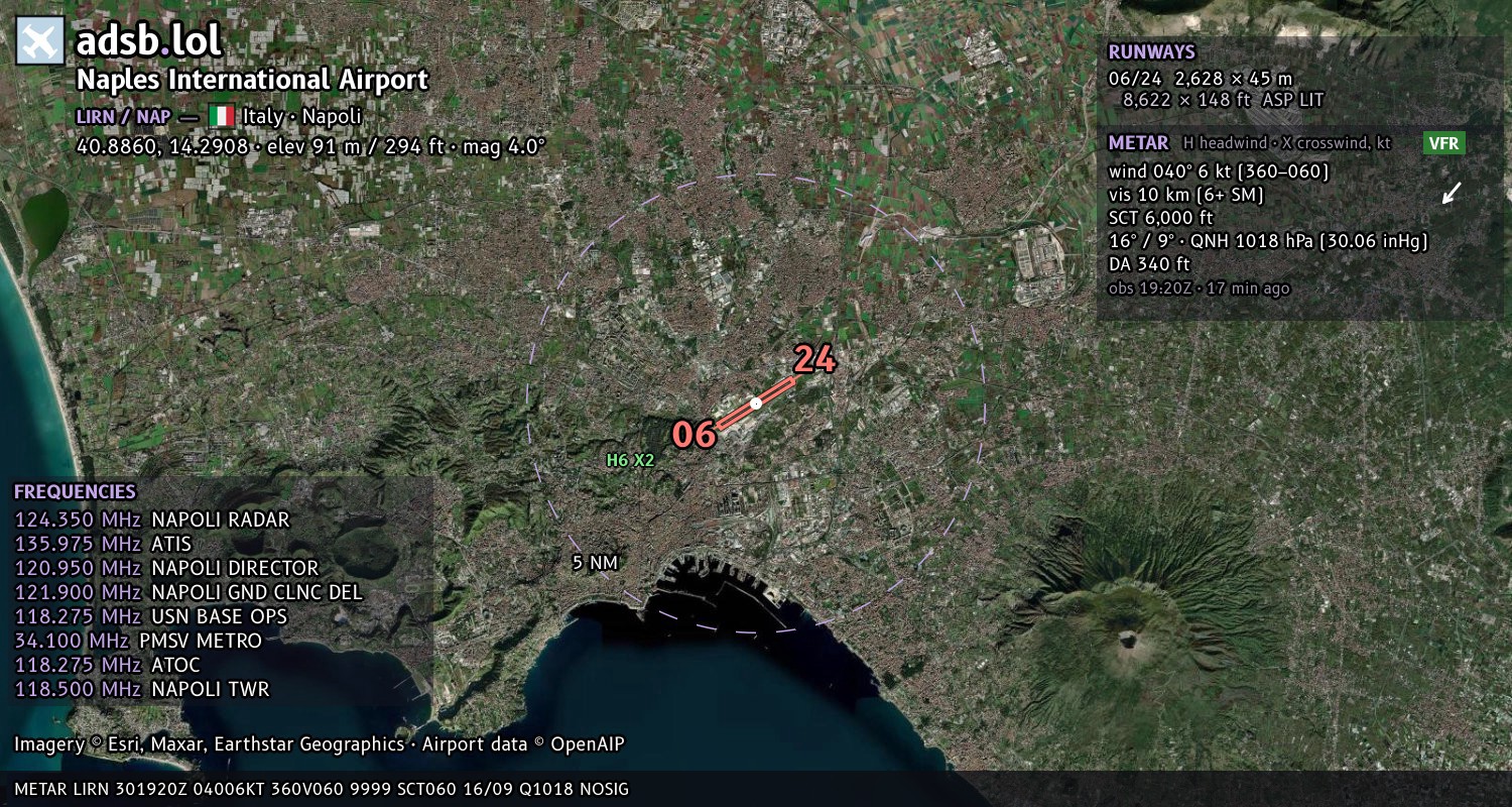 Satellite map with the runway layout of Naples International Airport (LIRN)