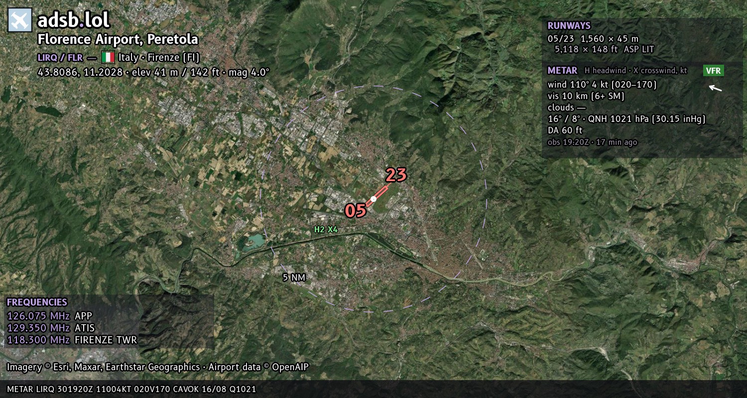 Satellite map with the runway layout of Florence Airport, Peretola (LIRQ)