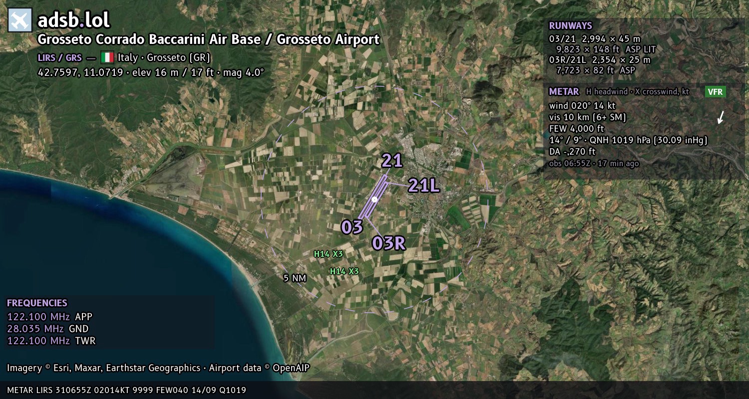 Satellite map with the runway layout of Grosseto Corrado Baccarini Air Base / Grosseto Airport (LIRS)