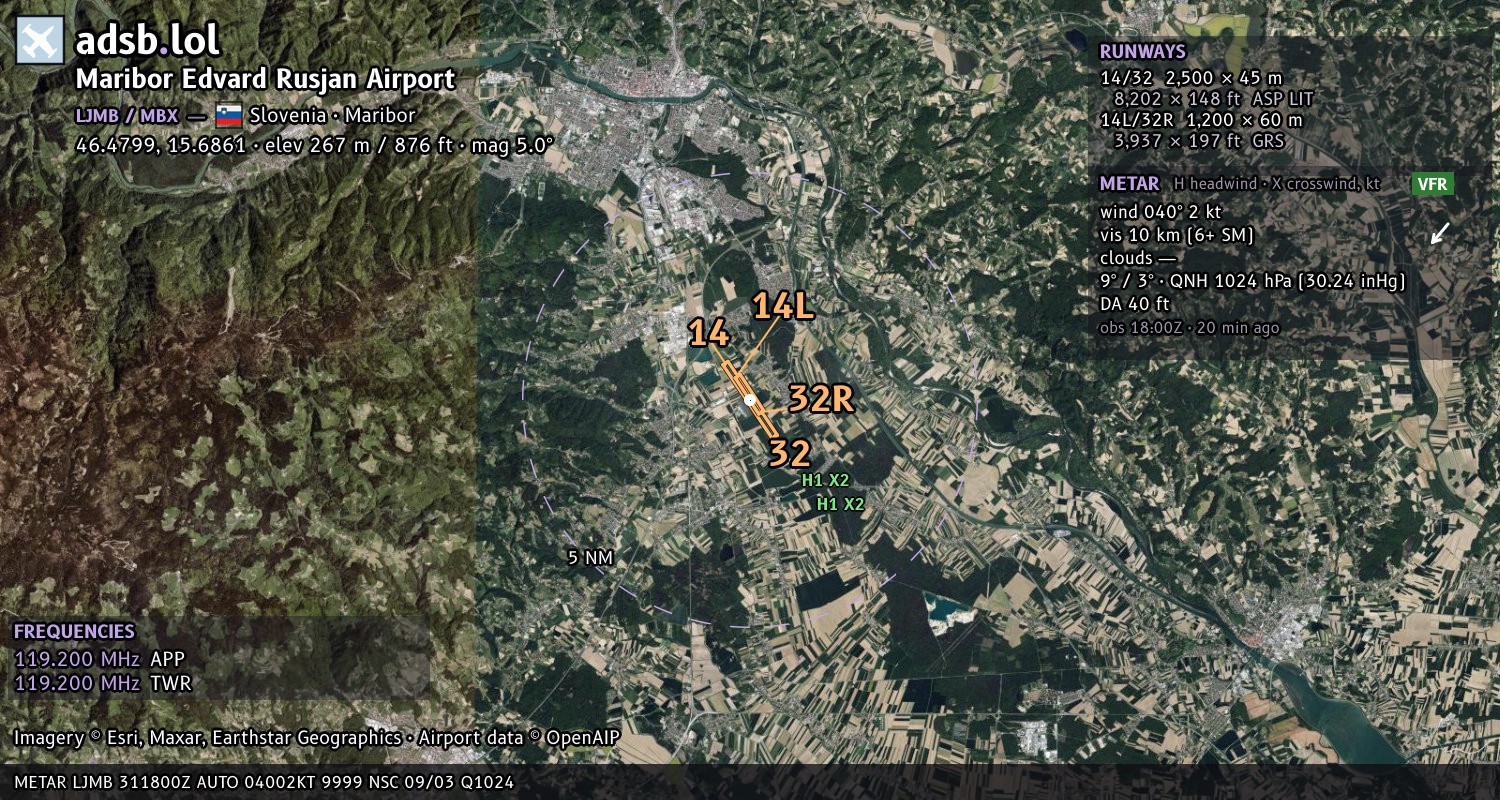 Satellite map with the runway layout of Maribor Edvard Rusjan Airport (LJMB)