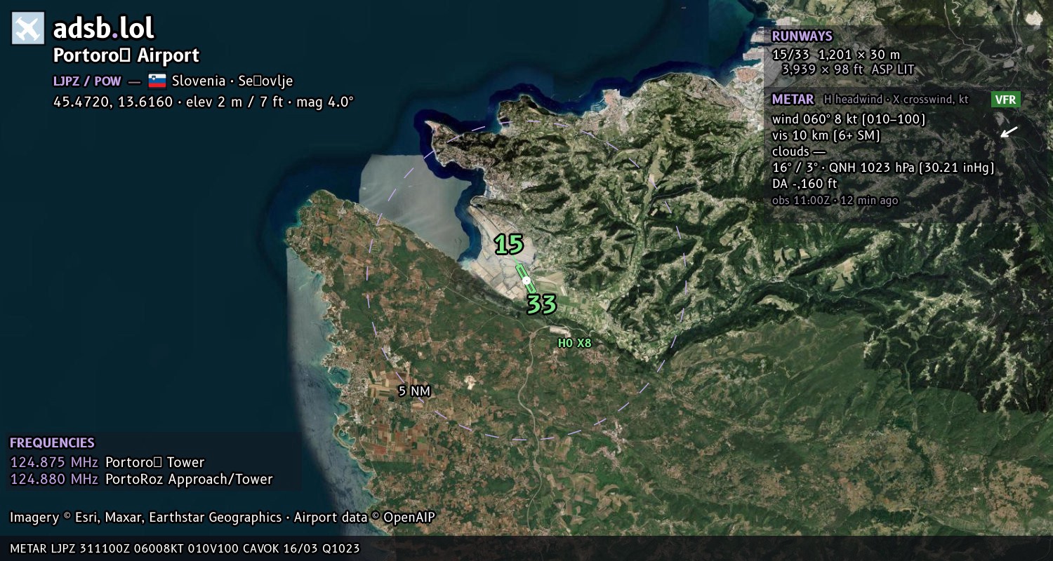Satellite map with the runway layout of Portorož Airport (LJPZ)