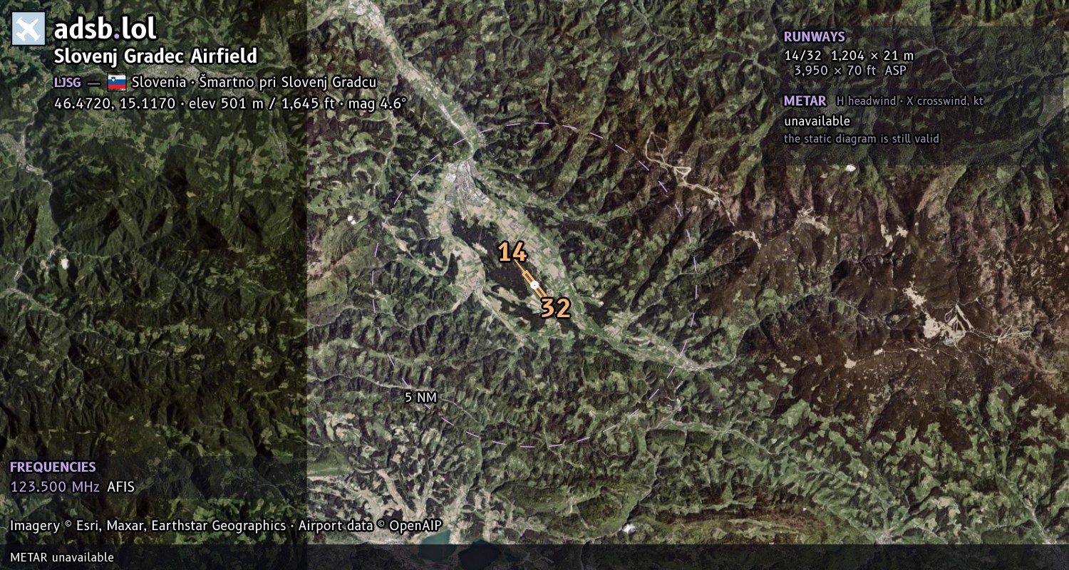 Satellite map with the runway layout of Slovenj Gradec Airfield (LJSG)