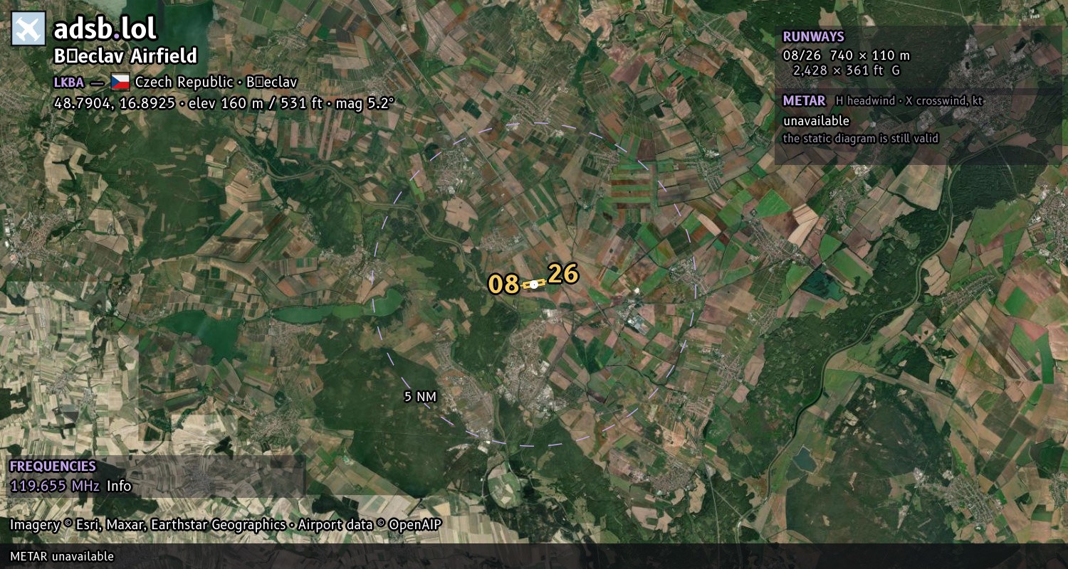 Satellite map with the runway layout of Břeclav Airfield (LKBA)