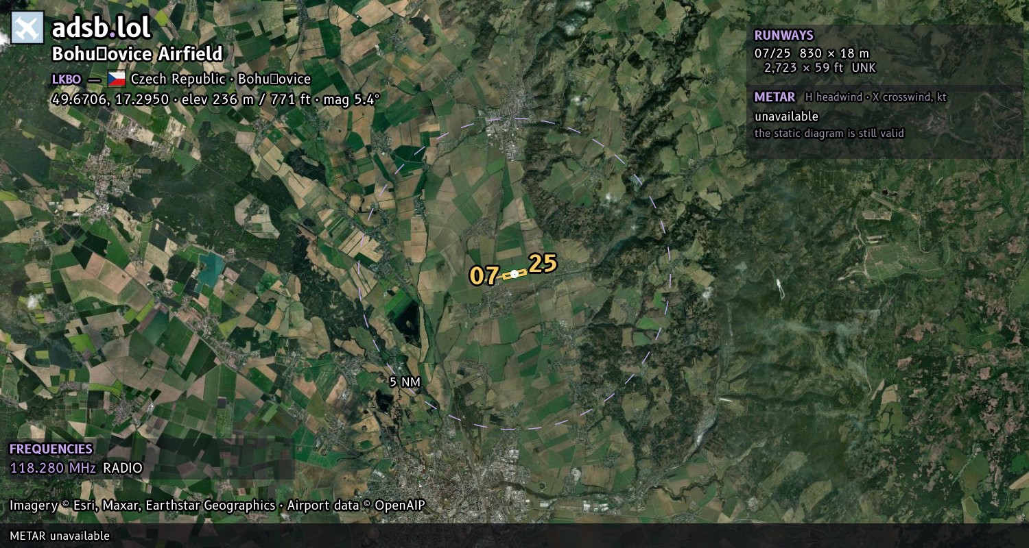 Satellite map with the runway layout of Bohuňovice Airfield (LKBO)