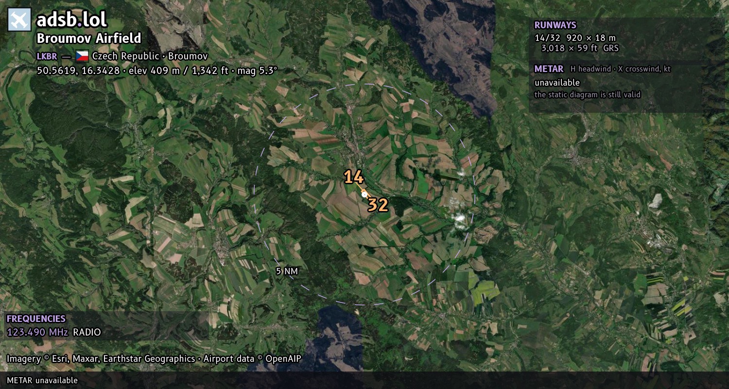 Satellite map with the runway layout of Broumov Airfield (LKBR)