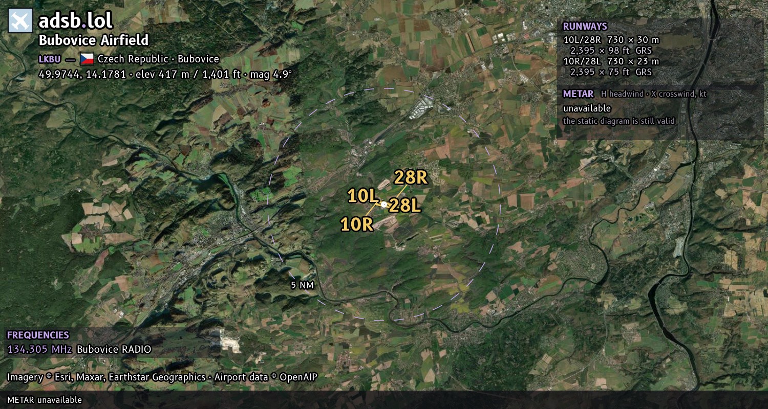 Satellite map with the runway layout of Bubovice Airfield (LKBU)