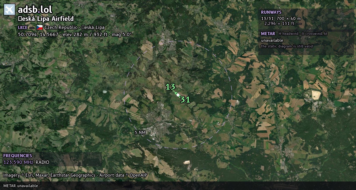 Satellite map with the runway layout of Česká Lípa Airfield (LKCE)