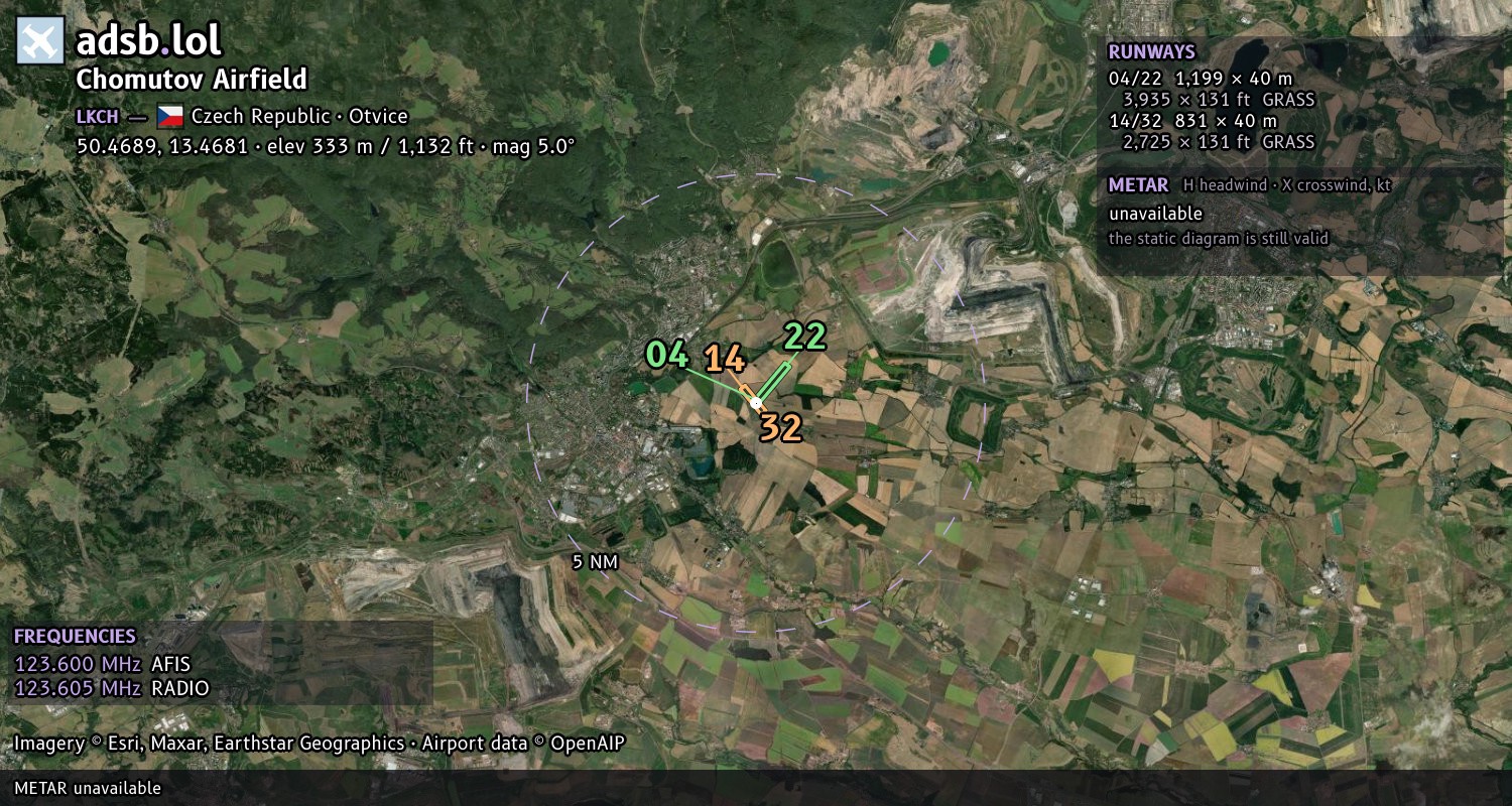 Satellite map with the runway layout of Chomutov Airfield (LKCH)