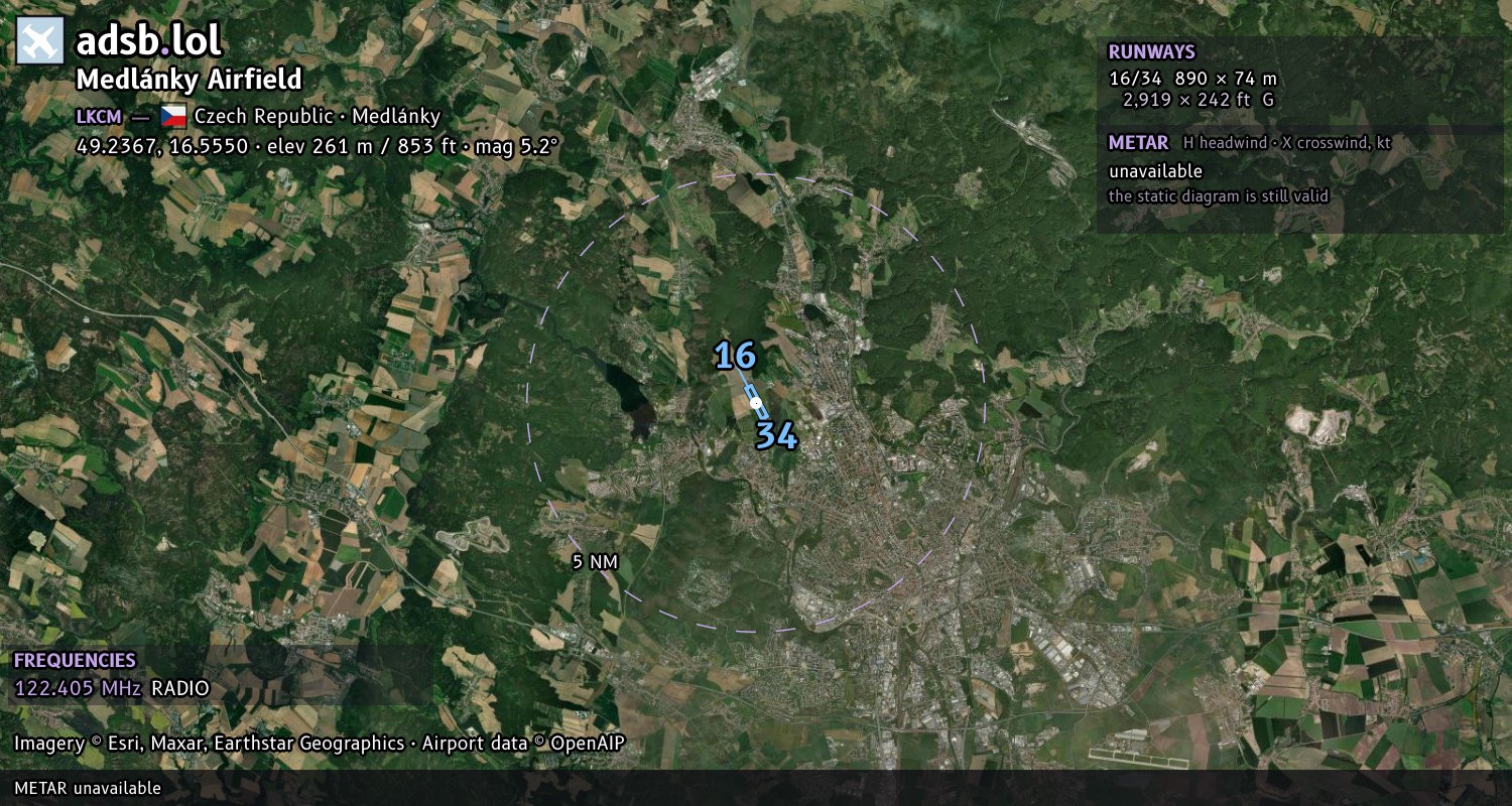 Satellite map with the runway layout of Medlánky Airfield (LKCM)