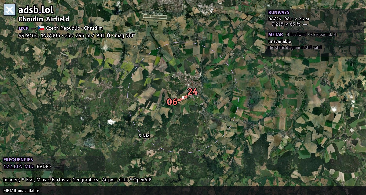 Satellite map with the runway layout of Chrudim Airfield (LKCR)