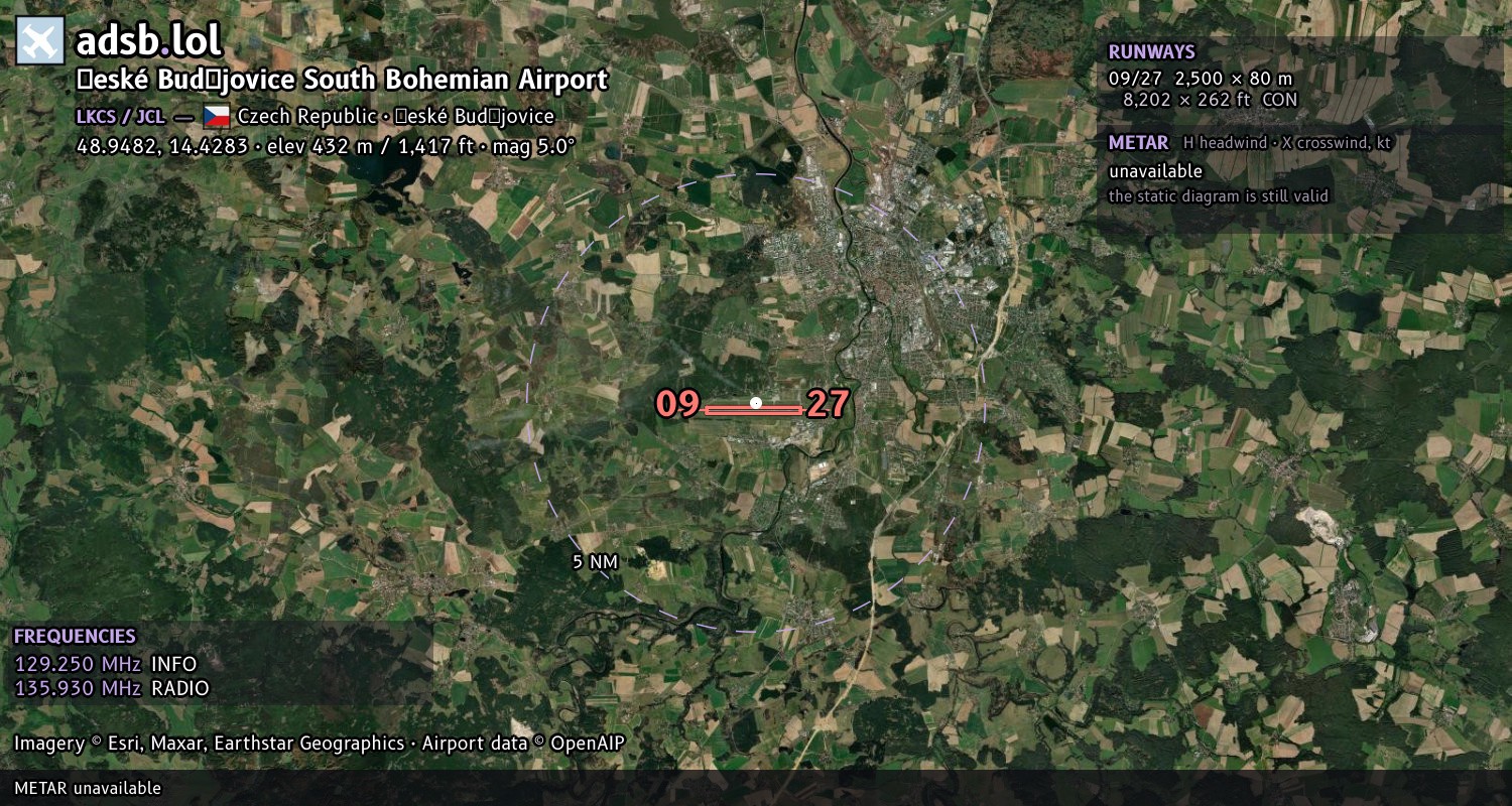 Satellite map with the runway layout of České Budějovice South Bohemian Airport (LKCS)