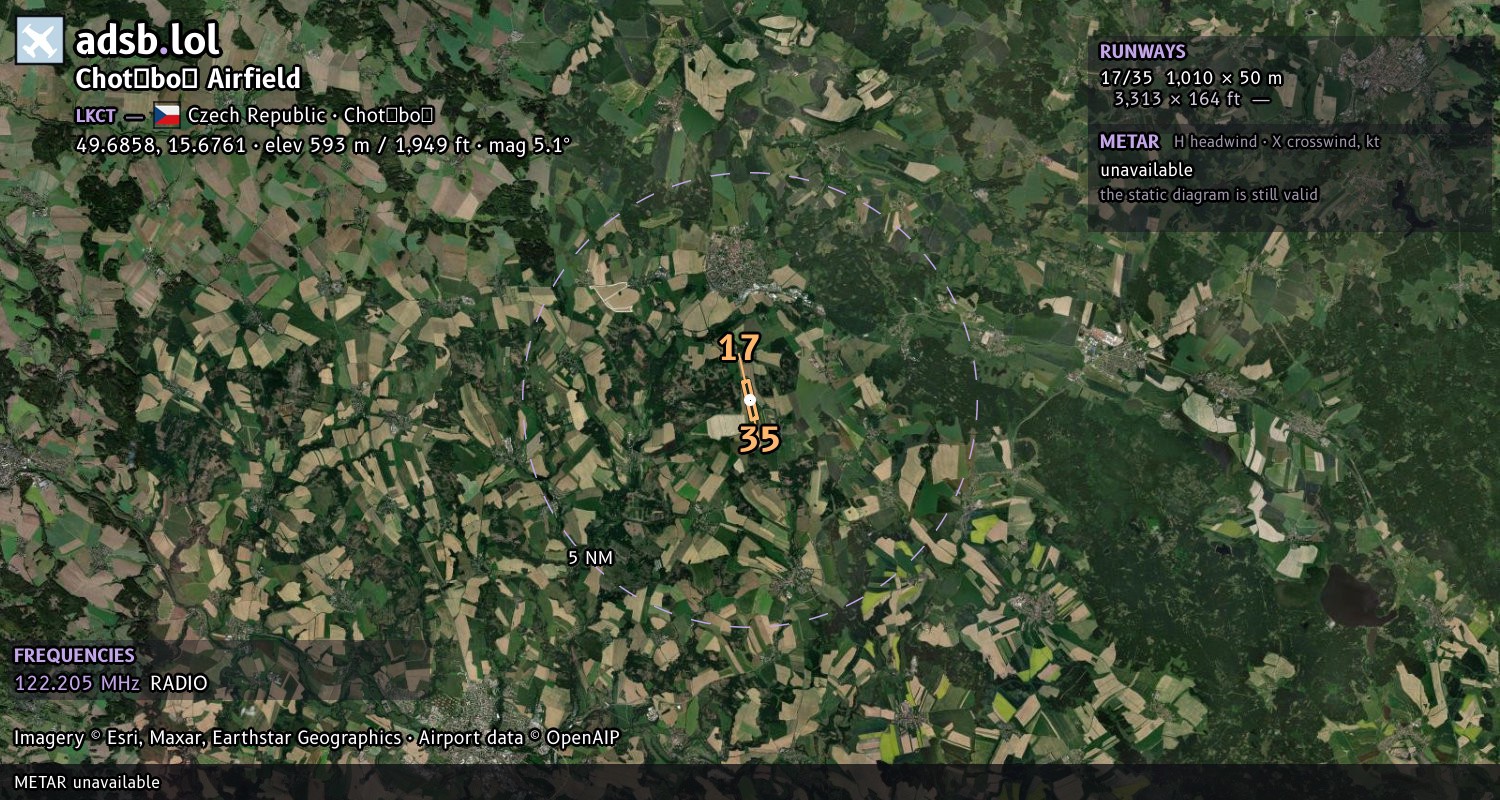 Satellite map with the runway layout of Chotěboř Airfield (LKCT)