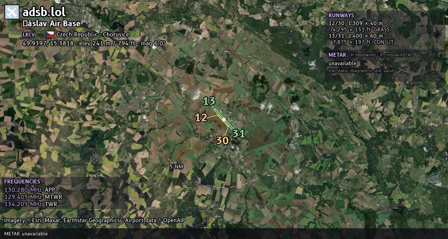 Satellite map with the runway layout of Čáslav Air Base (LKCV)