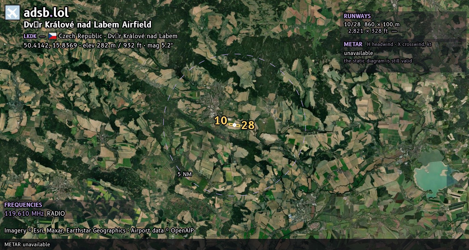 Satellite map with the runway layout of Dvůr Králové nad Labem Airfield (LKDK)