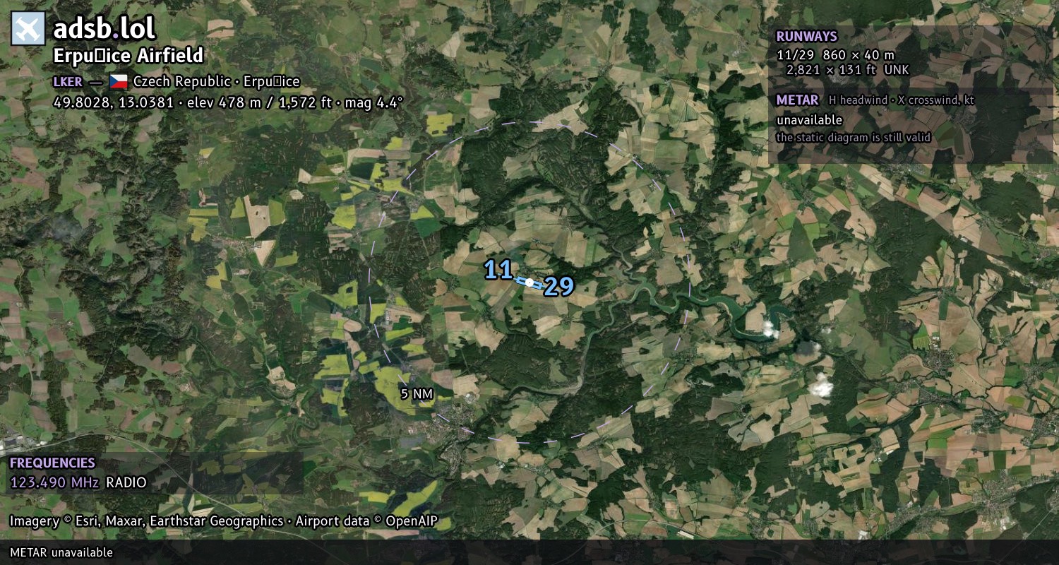 Satellite map with the runway layout of Erpužice Airfield (LKER)