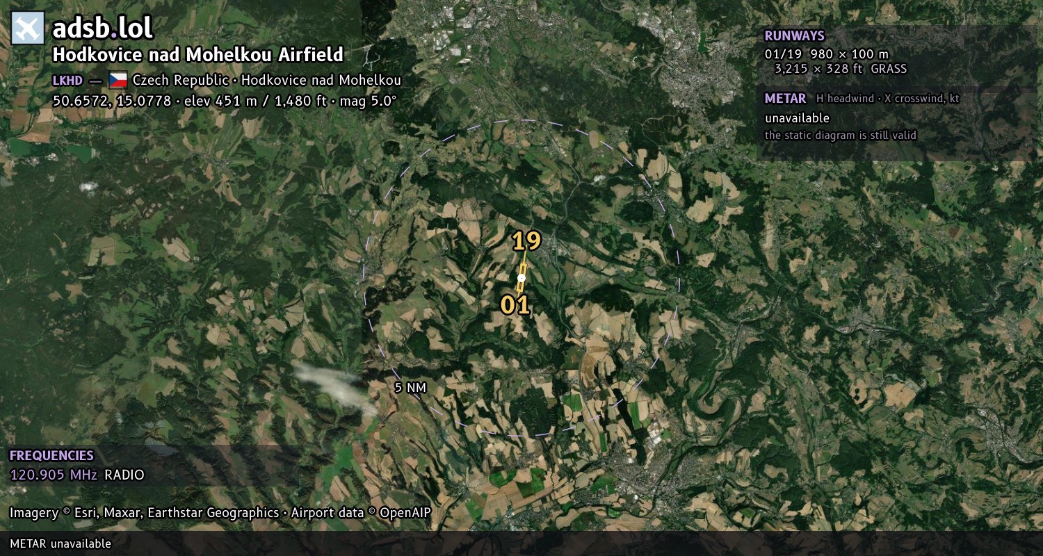 Satellite map with the runway layout of Hodkovice nad Mohelkou Airfield (LKHD)