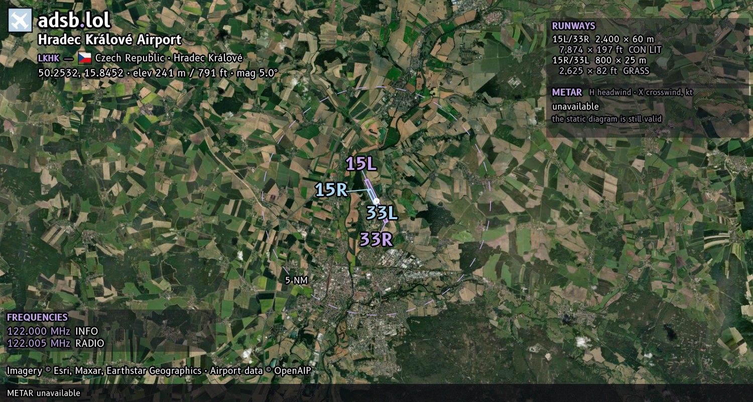 Satellite map with the runway layout of Hradec Králové Airport (LKHK)