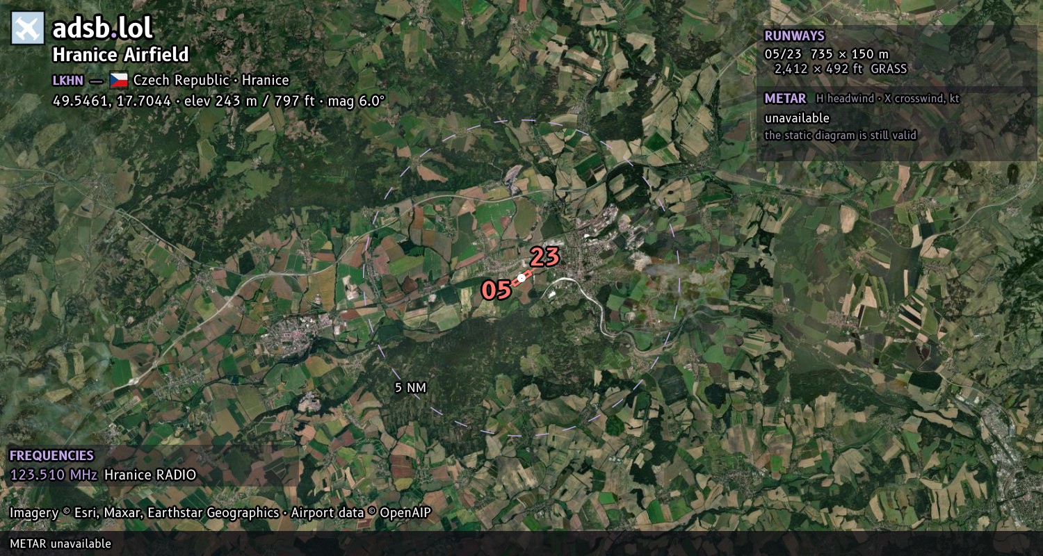 Satellite map with the runway layout of Hranice Airfield (LKHN)