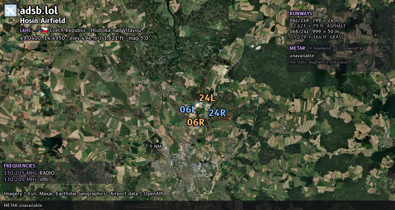 Satellite map with the runway layout of Hosín Airfield (LKHS)