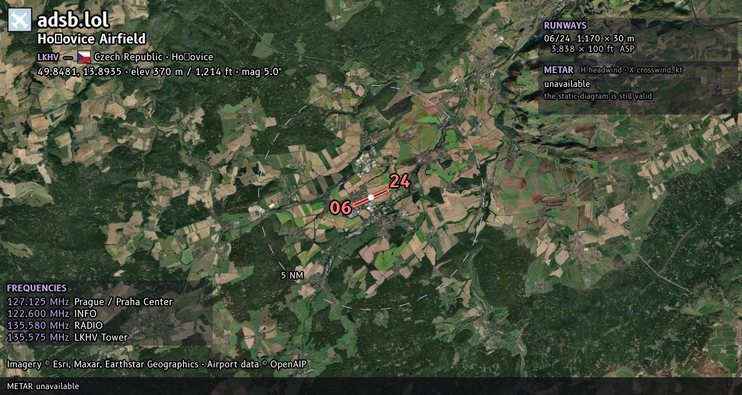 Satellite map with the runway layout of Hořovice Airfield (LKHV)