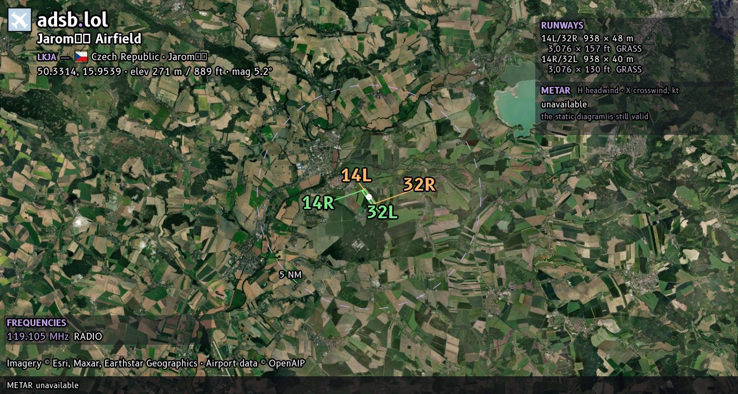 Satellite map with the runway layout of Jaroměř Airfield (LKJA)