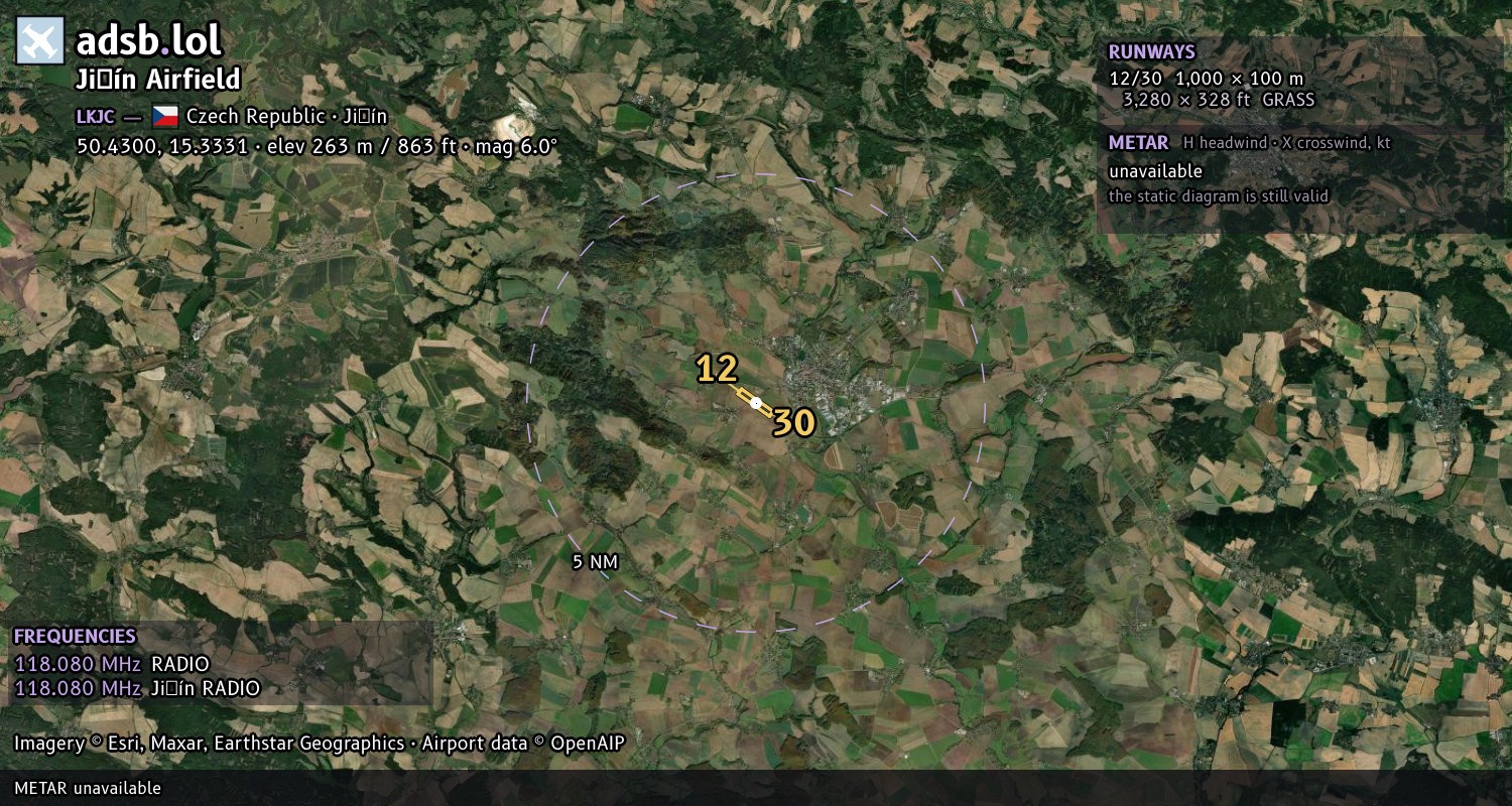 Satellite map with the runway layout of Jičín Airfield (LKJC)