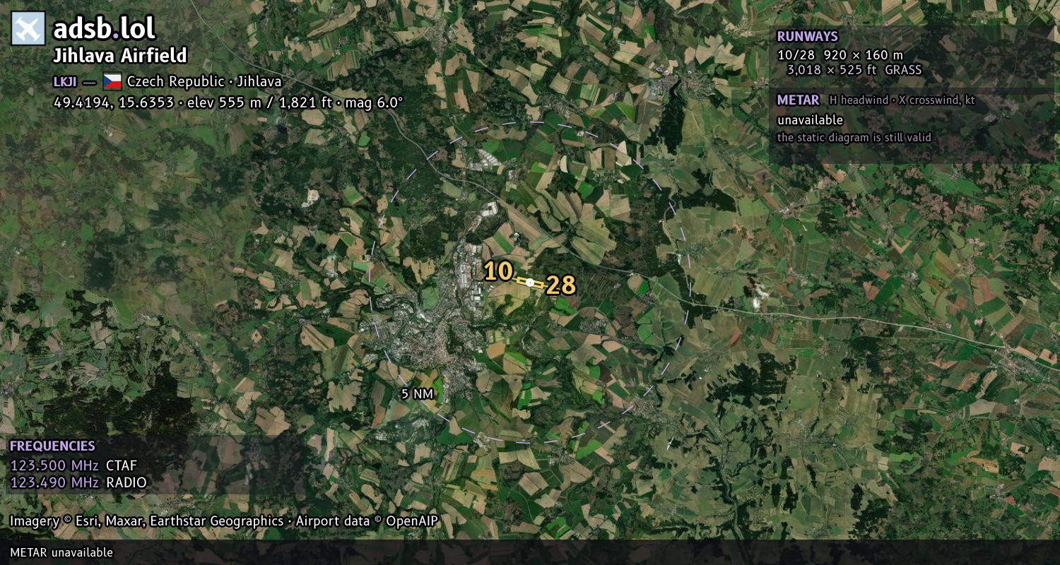 Satellite map with the runway layout of Jihlava Airfield (LKJI)