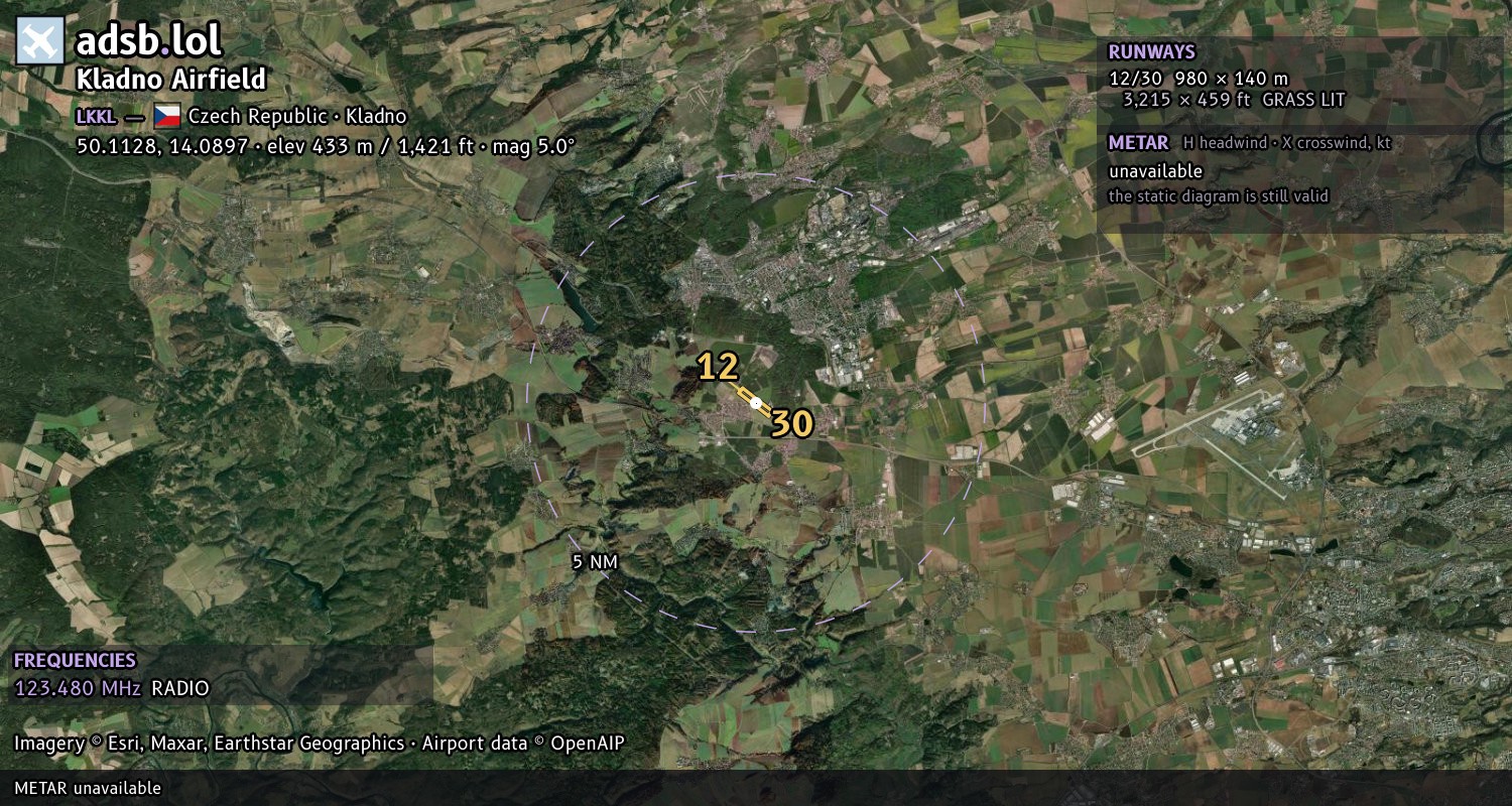 Satellite map with the runway layout of Kladno Airfield (LKKL)