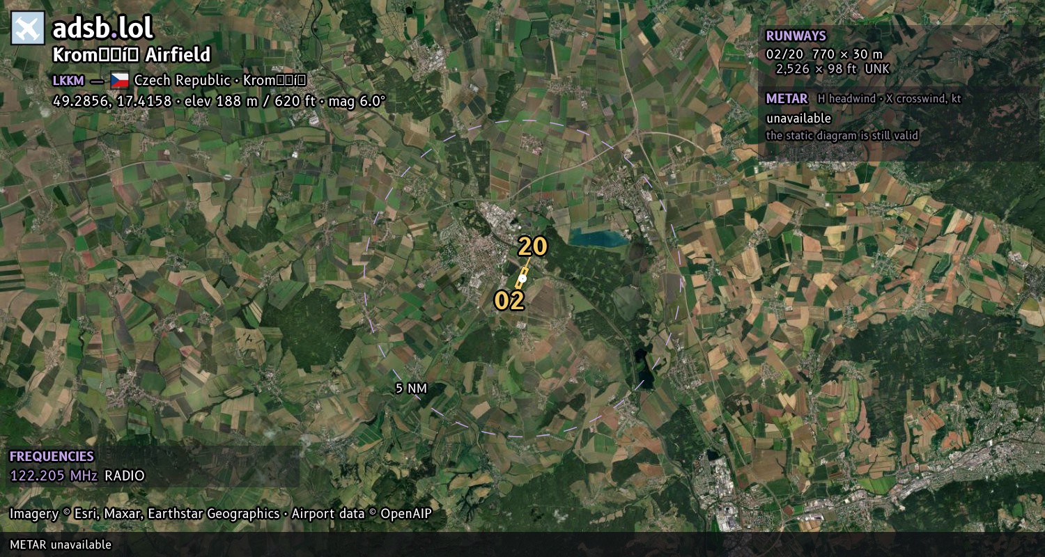 Satellite map with the runway layout of Kroměříž Airfield (LKKM)