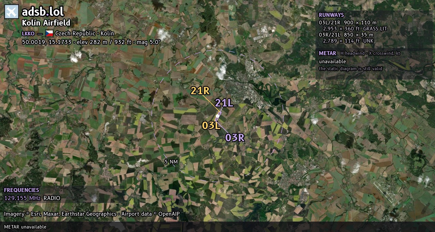 Satellite map with the runway layout of Kolín Airfield (LKKO)