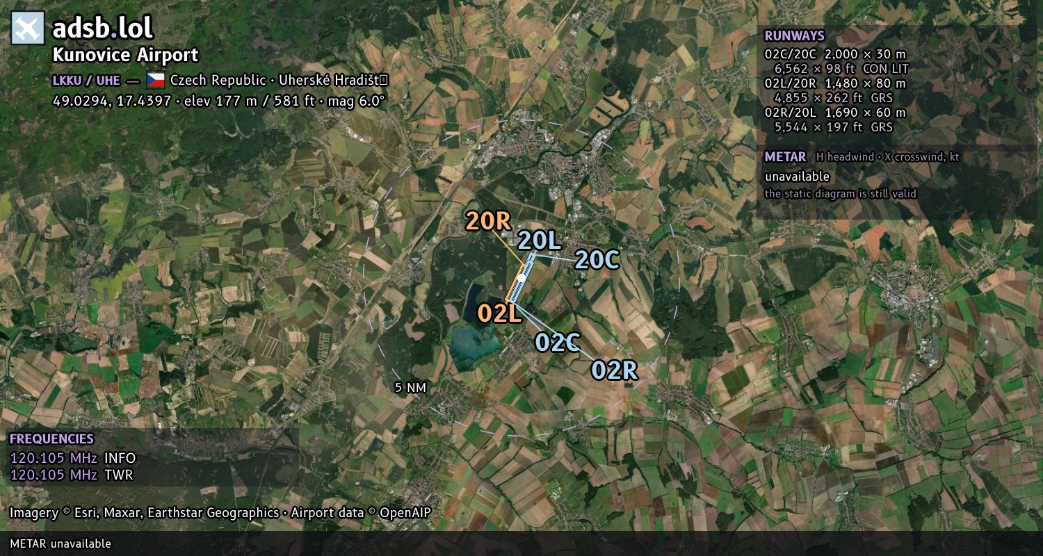 Satellite map with the runway layout of Kunovice Airport (LKKU)