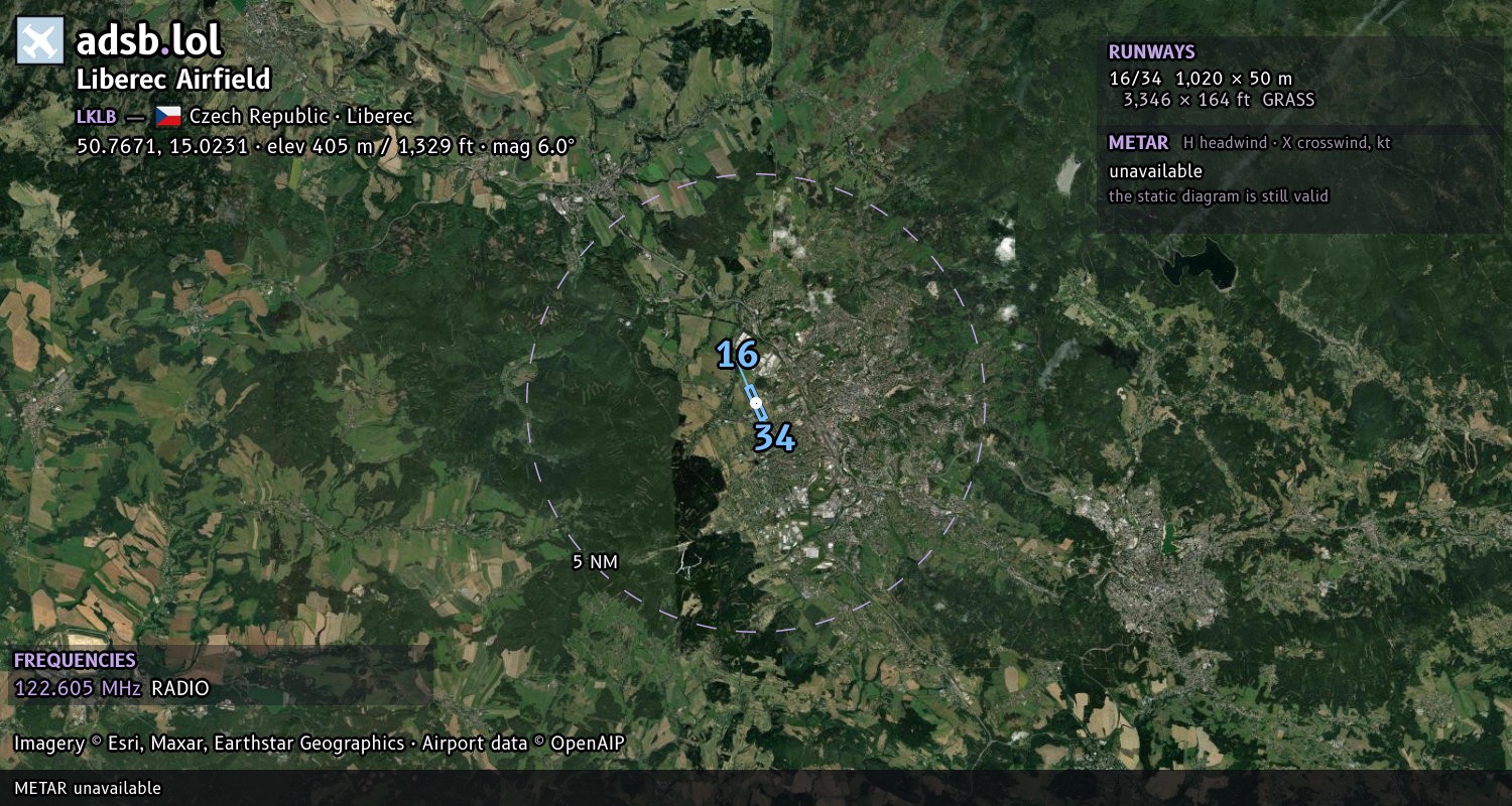 Satellite map with the runway layout of Liberec Airfield (LKLB)