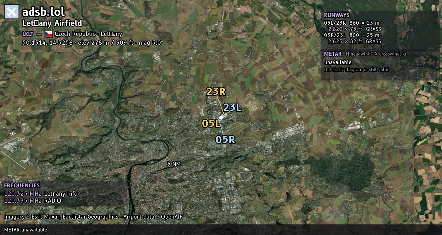 Satellite map with the runway layout of Letňany Airfield (LKLT)