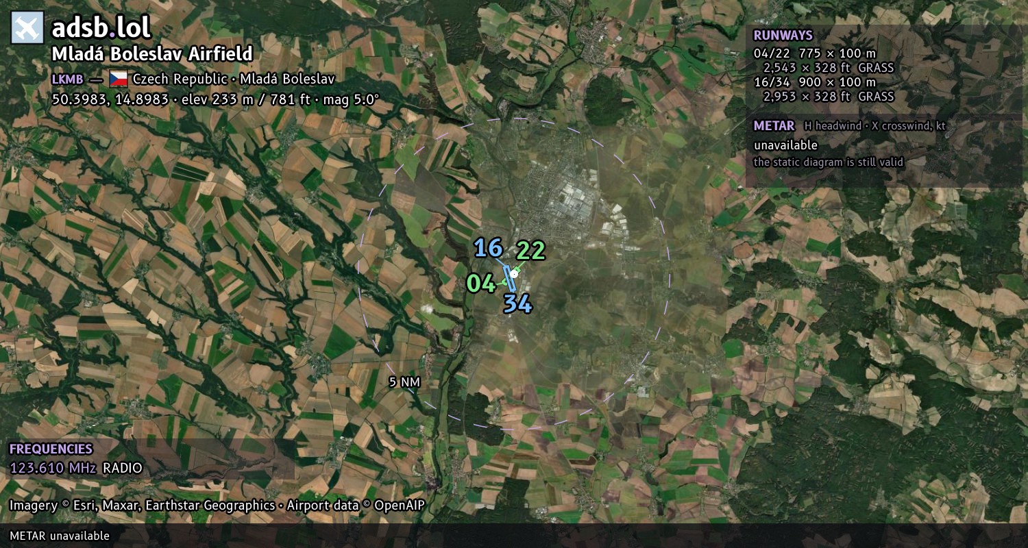 Satellite map with the runway layout of Mladá Boleslav Airfield (LKMB)