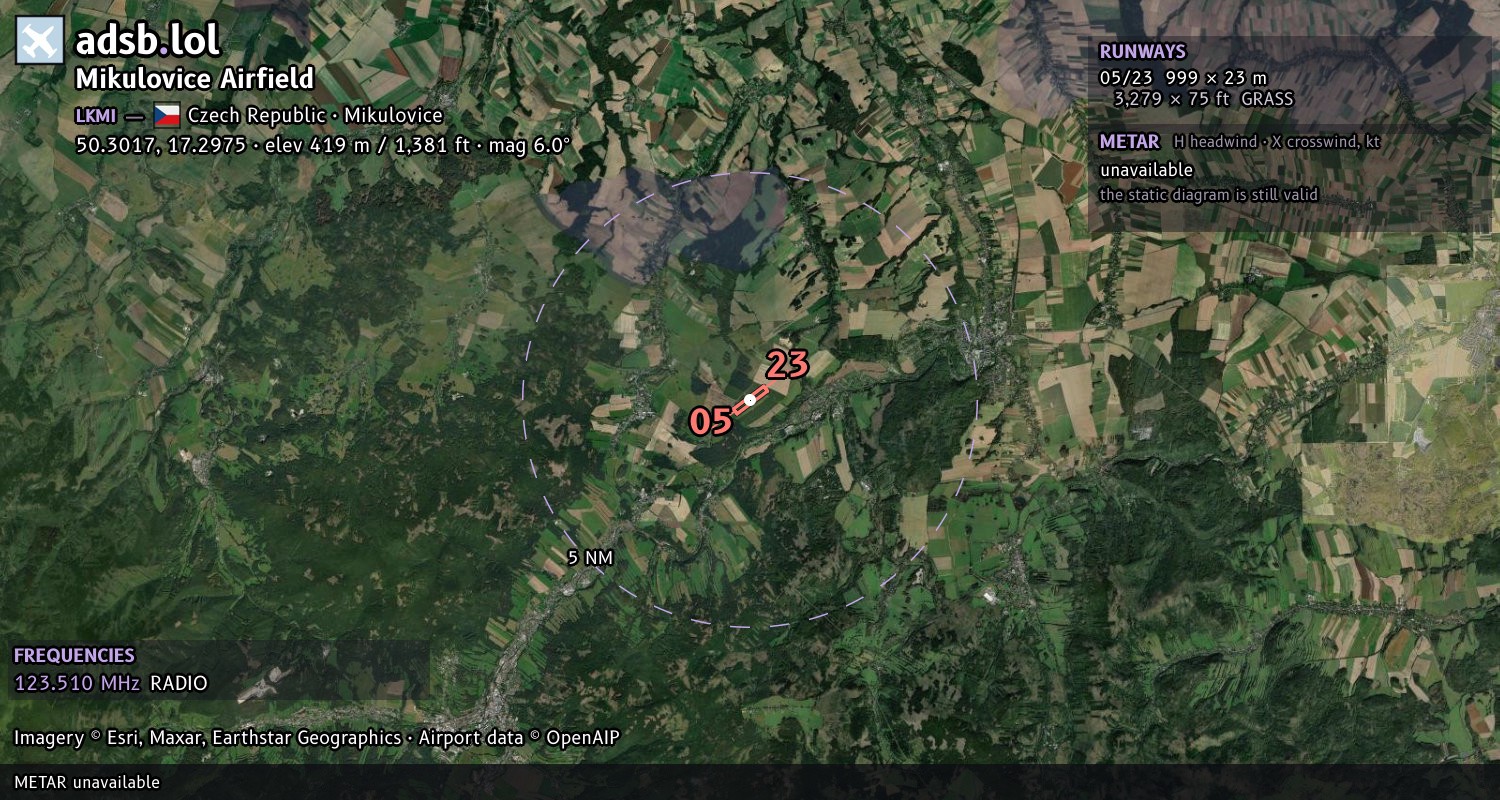 Satellite map with the runway layout of Mikulovice Airfield (LKMI)