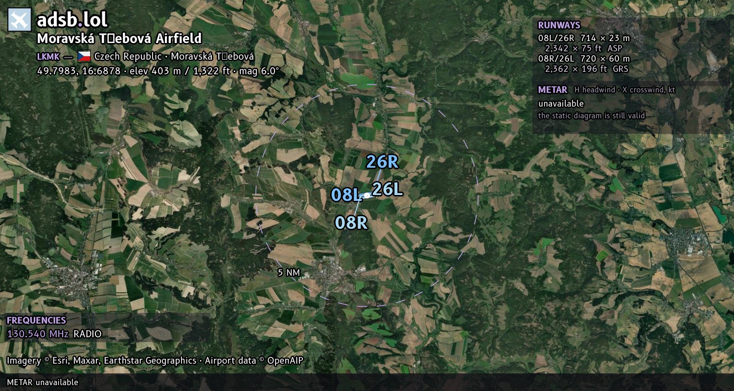 Satellite map with the runway layout of Moravská Třebová Airfield (LKMK)