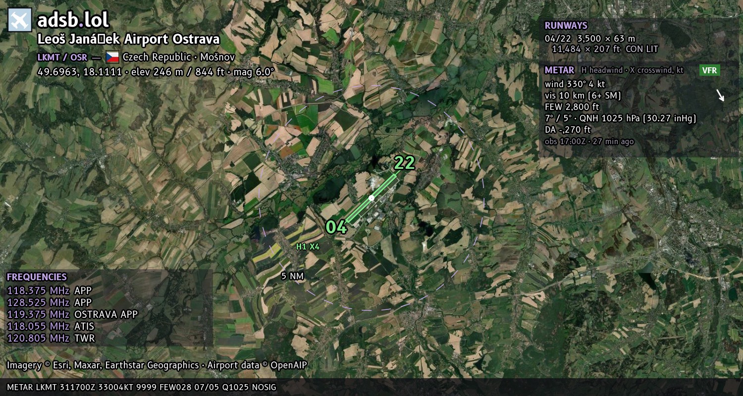 Satellite map with the runway layout of Leoš Janáček Airport Ostrava (LKMT)