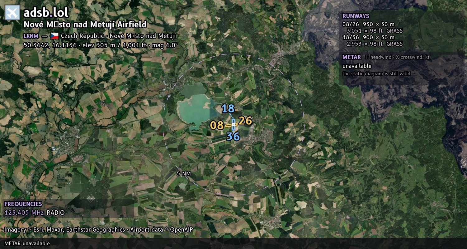 Satellite map with the runway layout of Nové Město nad Metují Airfield (LKNM)