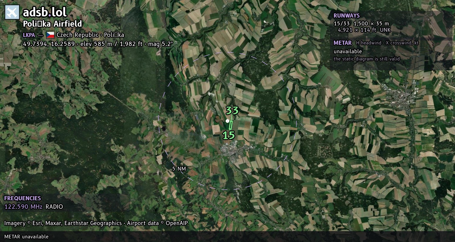 Satellite map with the runway layout of Polička Airfield (LKPA)