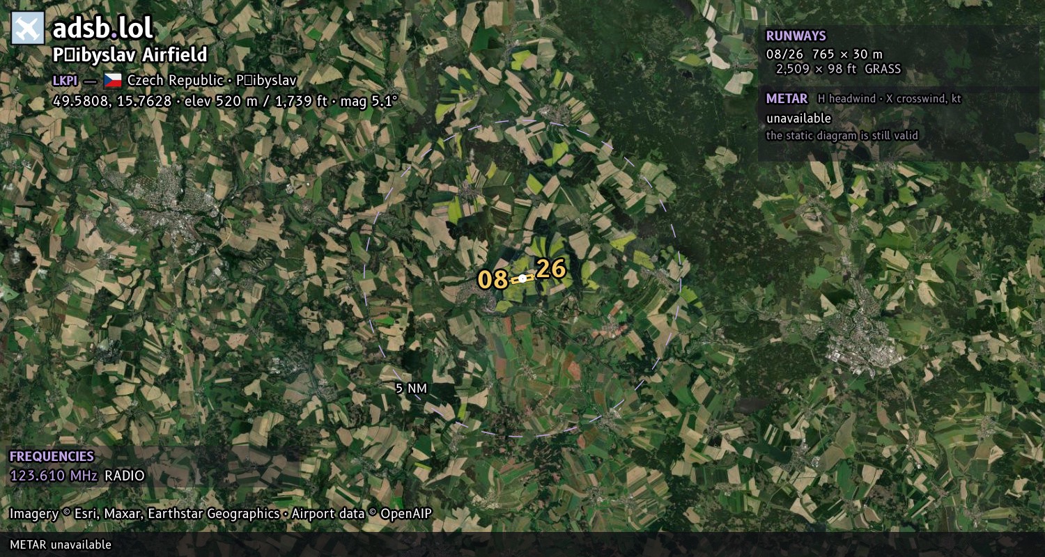 Satellite map with the runway layout of Přibyslav Airfield (LKPI)