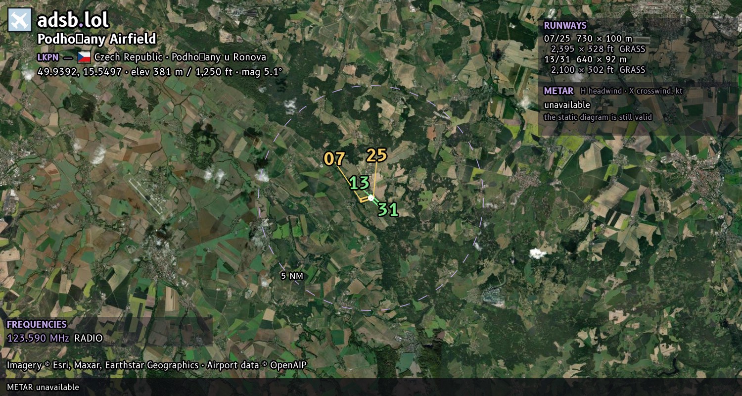 Satellite map with the runway layout of Podhořany Airfield (LKPN)