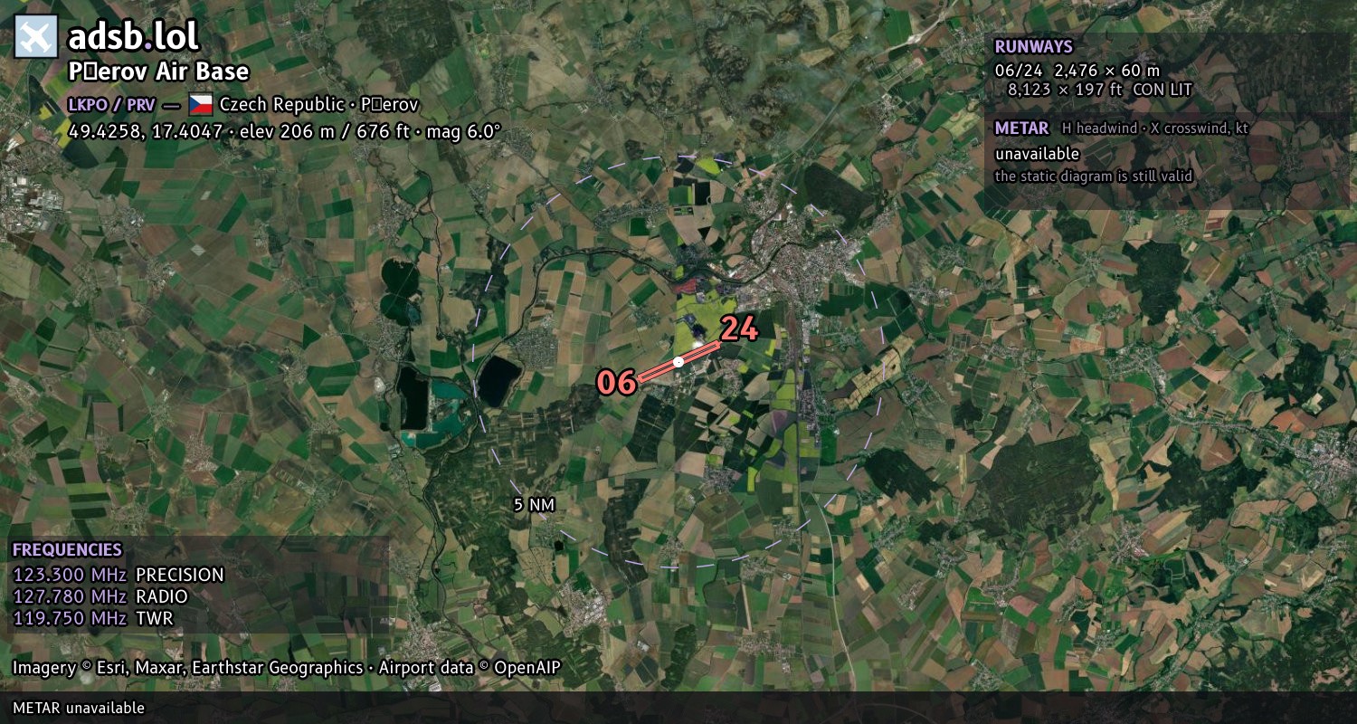 Satellite map with the runway layout of Přerov Air Base (LKPO)