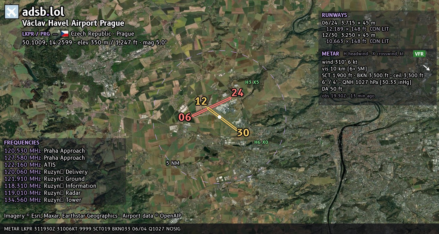 Satellite map with the runway layout of Václav Havel Airport Prague (LKPR)
