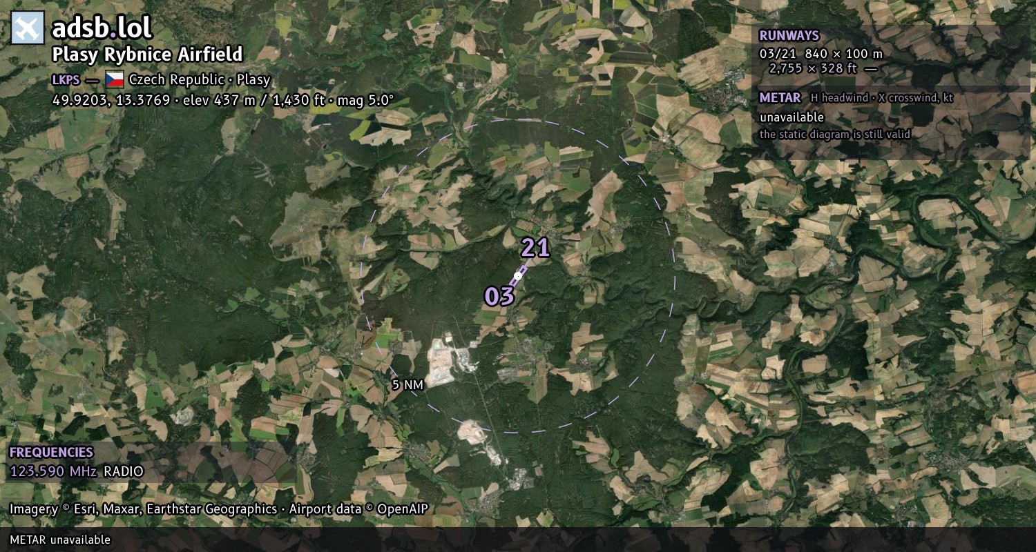 Satellite map with the runway layout of Plasy Rybnice Airfield (LKPS)