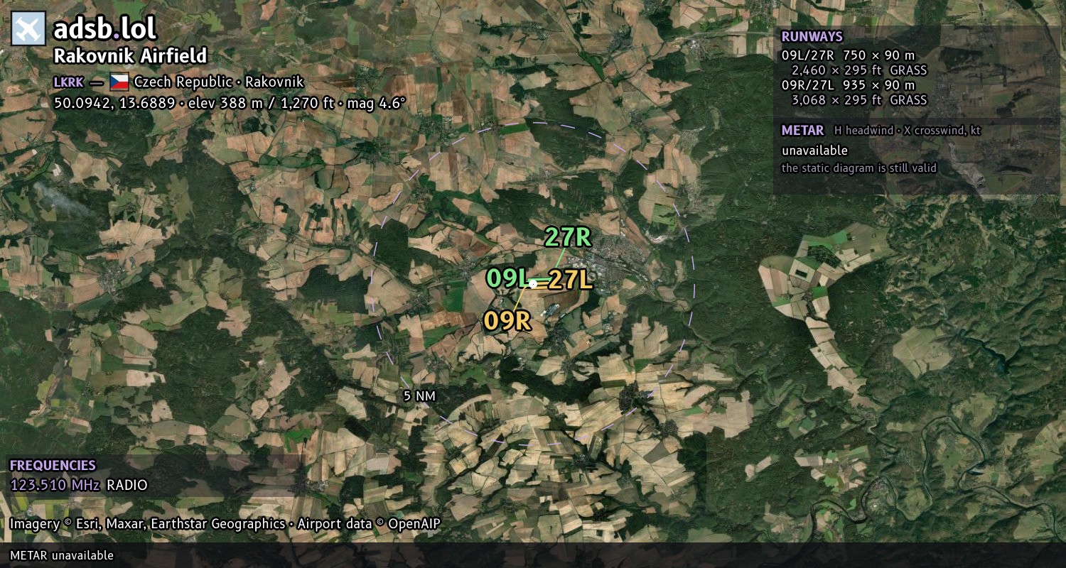 Satellite map with the runway layout of Rakovnik Airfield (LKRK)