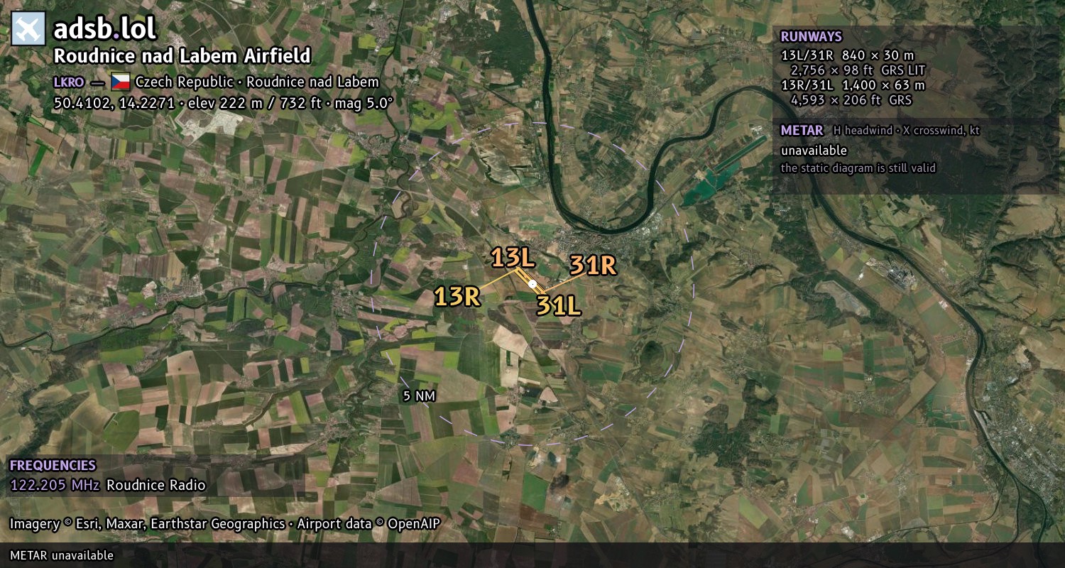 Satellite map with the runway layout of Roudnice nad Labem Airfield (LKRO)
