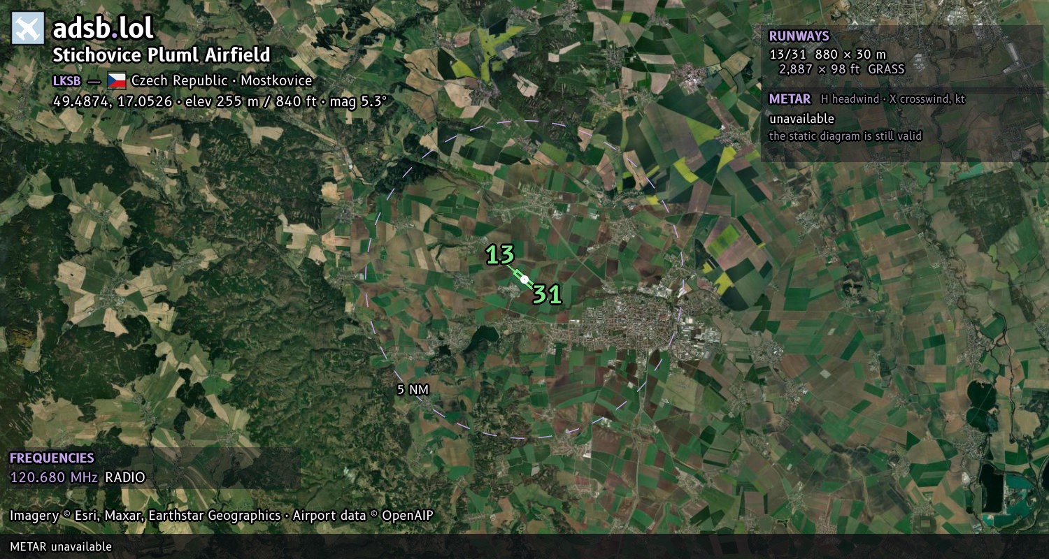 Satellite map with the runway layout of Stichovice Pluml Airfield (LKSB)