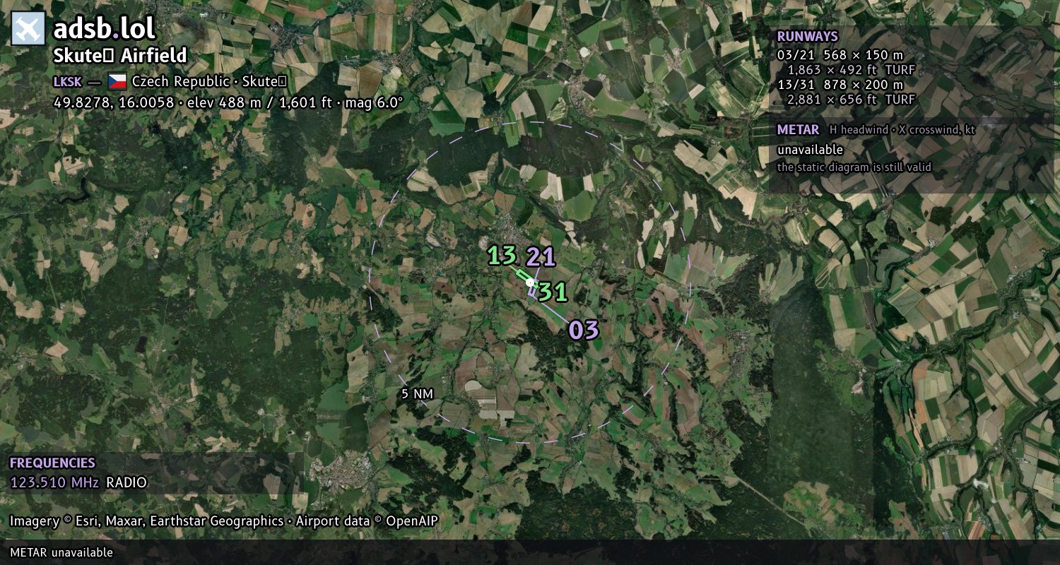 Satellite map with the runway layout of Skuteč Airfield (LKSK)